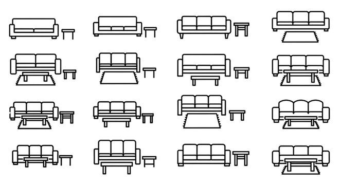 Living Room Sofa Elevation CAD Set &ndash; Front View Couch, Coffee Table and Side Table Furniture Layout Collection