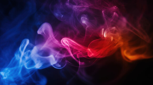 premium Abstract colorful smoke swirls on black background with dynamic blue, red and purple vapor background