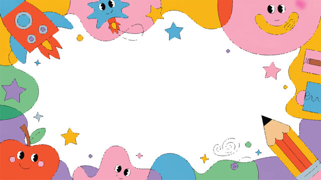 Vibrant and Whimsical Children's Illustration Frame with Playful Cartoon Characters, a Rocket, Stars, Apple, and Pencil, Perfect for Educational Content or Fun Event Designs