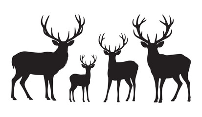 Fototapeta premium Group of silhouette deer family including adult male and young fawn in various poses.