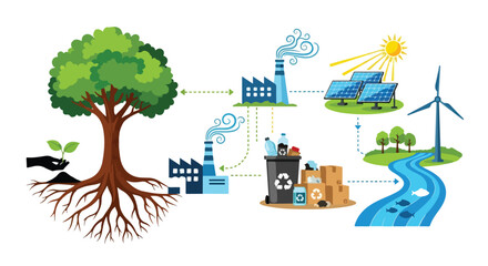 Sustainable green energy infographic vector, renewable ecology concept with solar panels and wind turbine, circular economy and recycling illustration © ya Allah madad