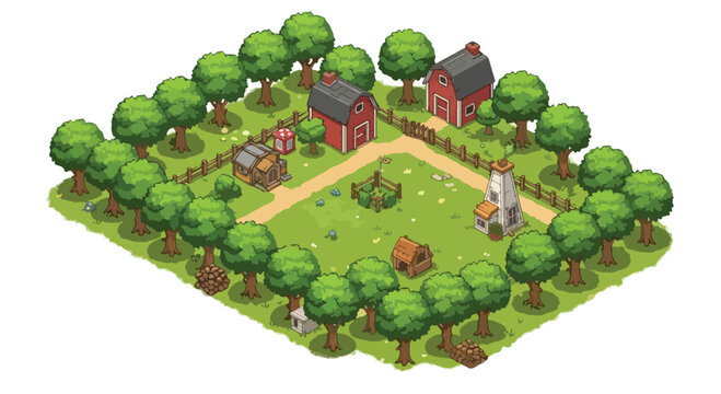Isometric farm landscape vector, cute cartoon ranch with red barns and green trees, rural countryside village map for mobile game design