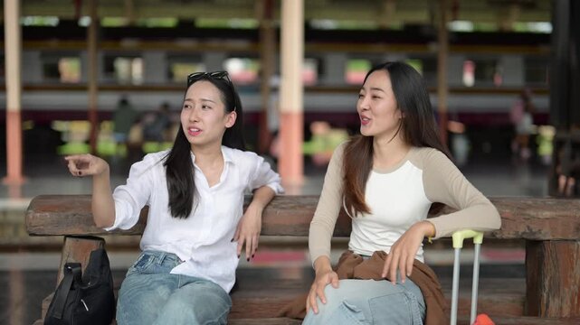 Two women sitting on a bench, one pointing at something. Scene is lighthearted and playful