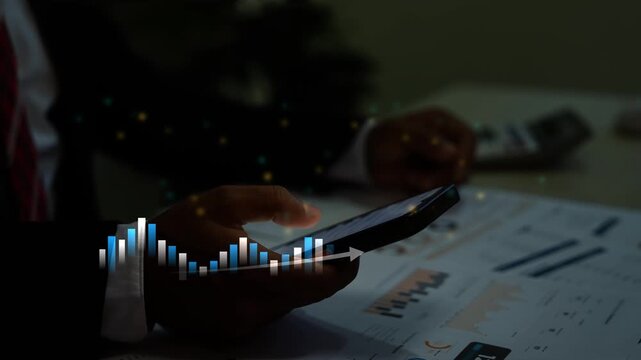 Business man phone using with growing holographic business graph bar arrow animation, Business man or trader showing a virtual trading chart on a smartphone