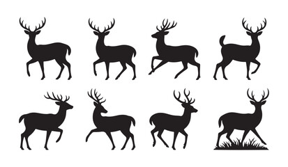 Fototapeta premium Set of eight black deer silhouettes in various dynamic poses on a white background, including one on grass.