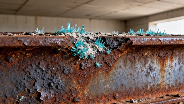 Horizontal Extreme Macro of Weathered Steel with Blue-Green Oxide Crystal Blooms
