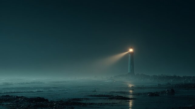 Dark ocean at night with single lighthouse on rocky shore, bright light through mist and fog, cinematic moody atmosphere, minimal composition with negative space and calm powerful emotion