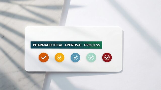 A minimalistic graphic illustrating the pharmaceutical approval process with five colored checkmark icons on a white background.