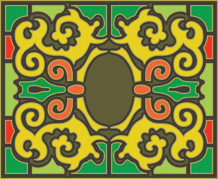 Stained glass window in a rectangular frame. Chinese swirls ornament arrangements and ornaments. Abstract loach and curl branch. Colorful floral symmetric composition. Vector 