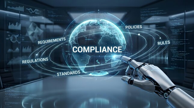 Futuristic robot hand interacting with compliance interface showing regulations rules standards and policies in digital environment highlighting governance risk management security 