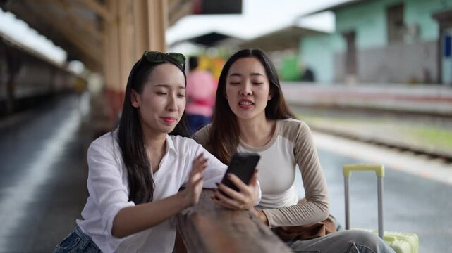Two women sitting on a bench looking at a cell phone. One of them is holding a suitcase