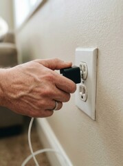 Naklejka premium A hand plugs a black charger into a white electrical outlet on a wall. The charger is connected to a white cable.