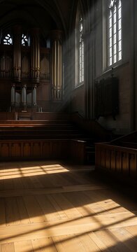 Sunbeams illuminate an empty church interior with a grand pipe organ and wooden pews creating a sacred and peaceful atmosphere