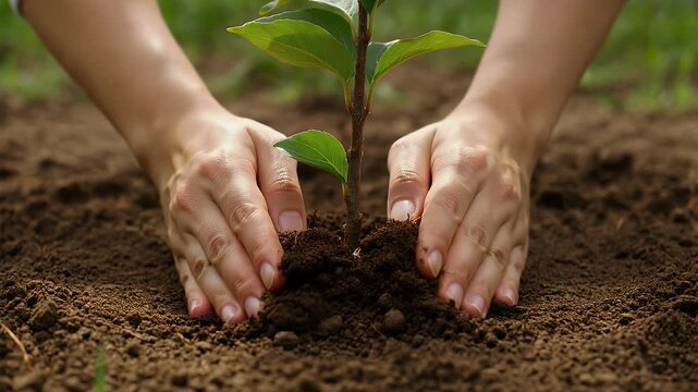 Hands Planting Young Green Sapling.