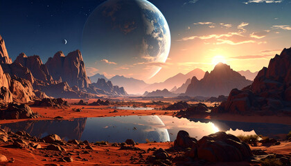 Breathtaking Alien Landscape with Reflective Lake and Giant Planet.