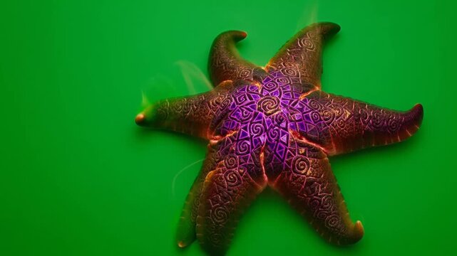 Vibrant purple starfish on green.