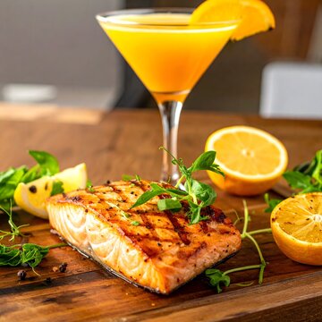 Delicious salmon with orange cocktail a vibrant culinary pairing