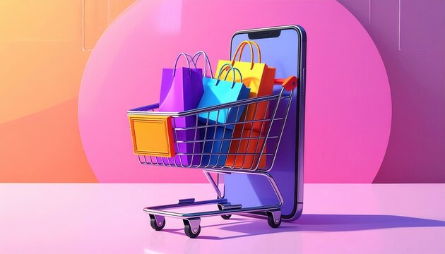 スマートフォンの画面から飛び出すショッピングバッグとカートの3Dイラスト。オンラインショッピング、Eコマース、小売のコンセプト。