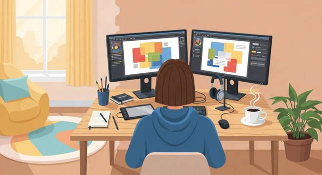 Person sitting at desk with two computer monitors and office supplies in a cozy home workspace
