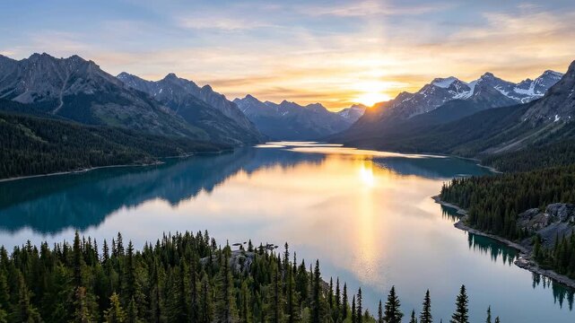 Scenic Sunrise Over Maligne Lake in Jasper National Park, Alberta, Canada.