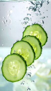 Sliced cucumbers falling through water a refreshing and vibrant still life