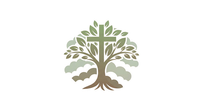 Religious logo featuring a crucifix tree under soft clouds