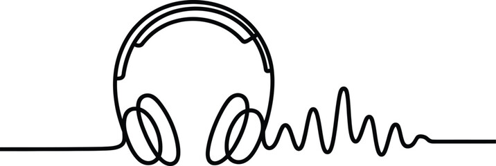 Obraz premium Continuous line drawing of modern stereo headphones combined with a rhythmic sound frequency audio wave pulse