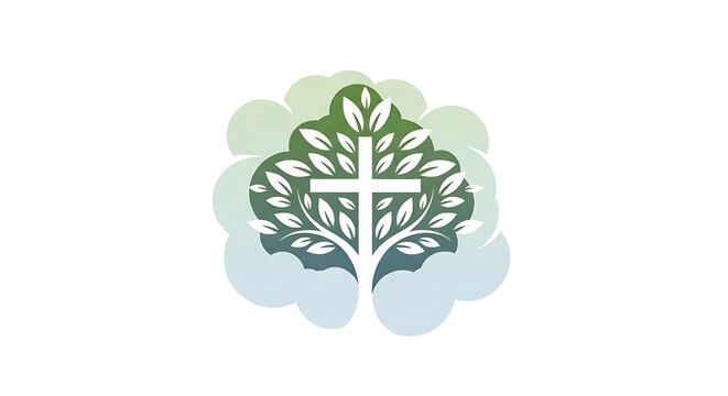 Minimalist church logo design with cross tree and cloud icon