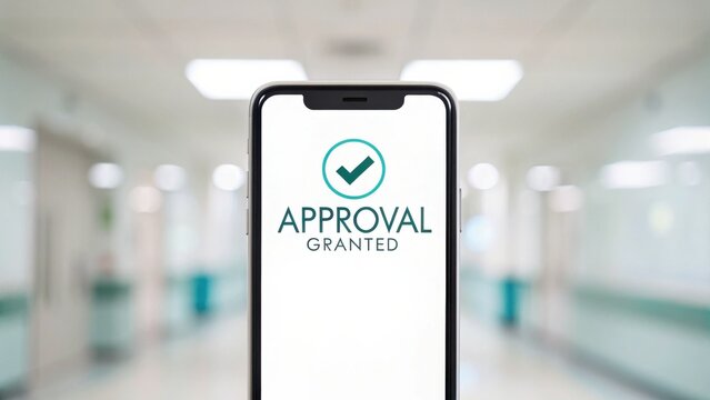 A smartphone screen displays "Approval Granted" with a green checkmark, set against a blurred hospital or clinic hallway background.