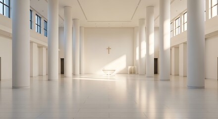 Fototapeta premium Bright modern church interior with large white columns and a golden cross on the wall illuminated by natural light creating a serene and peaceful atmosphere