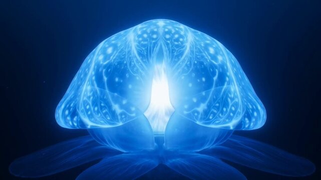 Glowing blue brain with light effect.