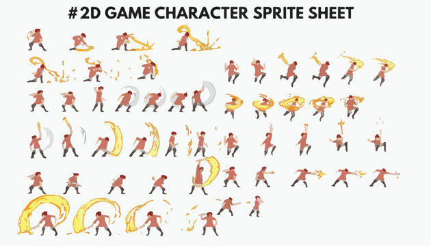 2D game character sprite sheet, warrior hero animation frames with sword attack effects, fantasy fighter combat sequence vector set