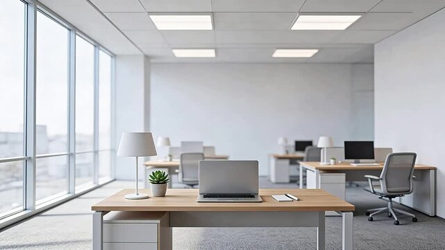Modern office workspace with desks and windows