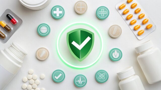 Medical pills, capsules, and icons surround a green shield with a checkmark, symbolizing health protection and wellness.