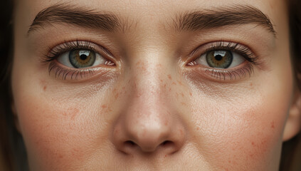 Fototapeta premium Young woman close up portrait with visible skin texture and subtle freckles