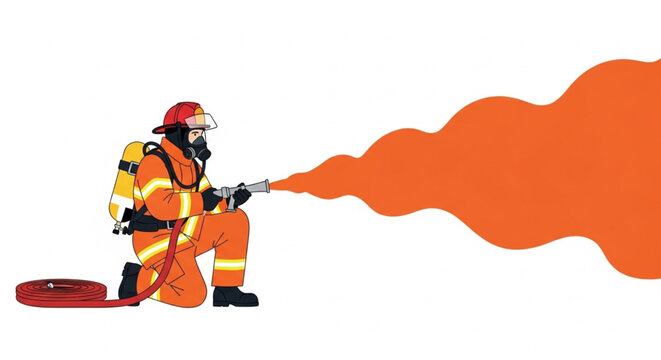 International Firefighters Day Brave firefighter in full protective uniform actively dousing a fire with a powerful hose stream, representing emergency safety and rapid response