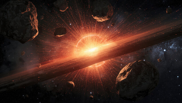 Dazzling orange star with glowing ring and floating asteroid field, dramatic cosmic energy