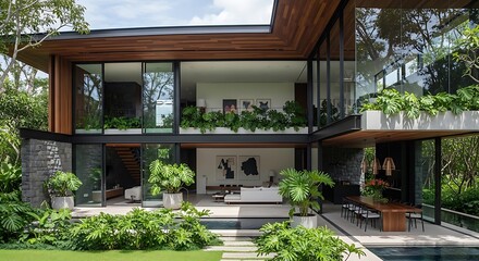 Fototapeta premium Luxury Modern House with Glass Walls, Lush Greenery, and Open Plan Living