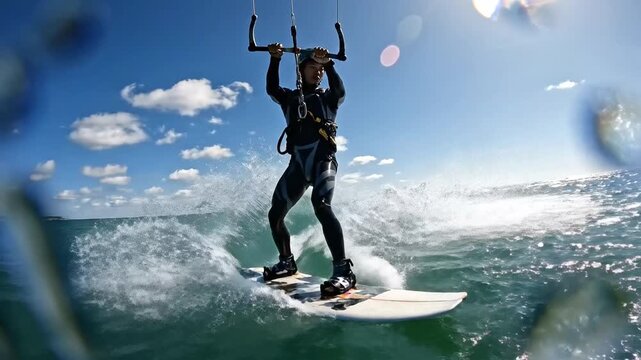 Professional kitesurfer riding waves on a sunny day at the ocean.
