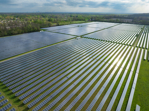 Aerial view of a large solar farm with rows of photovoltaic panels reflecting sunlight near a lush forest and distant city skyline in Indianapolis, Indiana, United States.