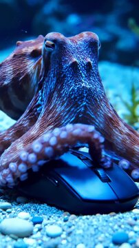 Octopus playing with computer mouse underwater.