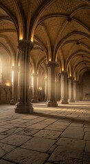 Obraz premium Majestic ancient stone hall with grand columns and arched ceiling illuminated by dramatic sunlight creating a sense of history and grandeur