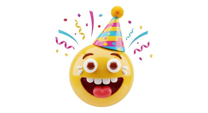 Excited emoji wearing party hat with streamers and confetti celebrating happy birthday fun occasion. jpg