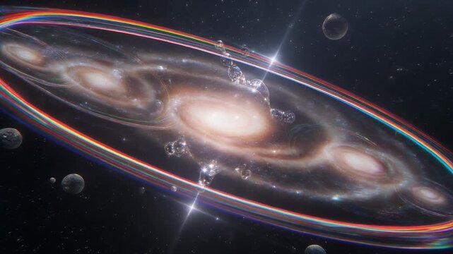 Cosmic nebulae formations in a swirling vortex of abstract colors, interspersed with spherical galaxies and shimmering bubbles