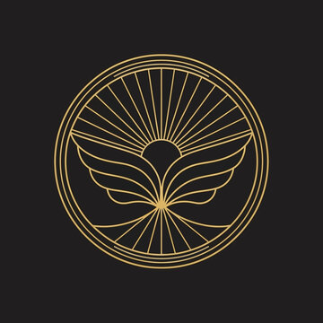 Golden Winged Sun Logo in Circle on Black Background.
