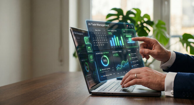 Close up of businessman hands working with futuristic AI task management holographic interface on laptop in bright office.