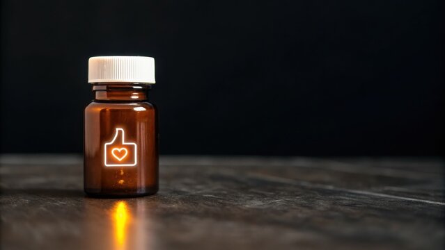 A small amber medicine bottle with a white cap features a glowing thumbs-up icon with a heart inside, placed on a dark wooden surface against a black background.
