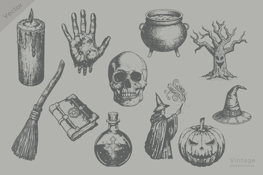 Halloween elements set collection with vintage stippling photocopy effect. Grunge engraving style Pumpkin, candle flame, skull, potion bottle, magic wand, spell book, witch hat, cauldron, broomstick