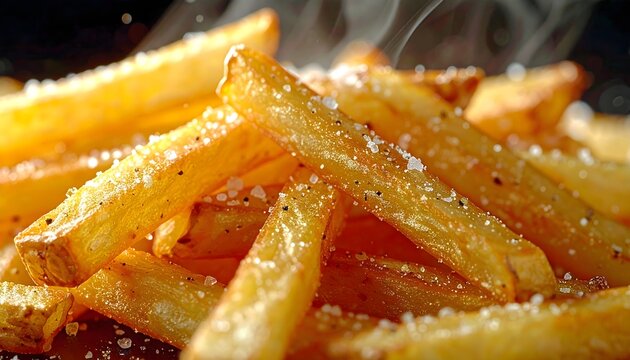 Close up of golden crispy french fries with seasoning and steam rising
