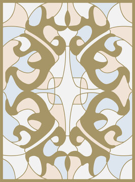 Stained glass window ornament. Composition with geometric swirls and curl pattern. Abstract wreath of peral and gold ribbon. Vector rectangular vertical frame with leaded glass